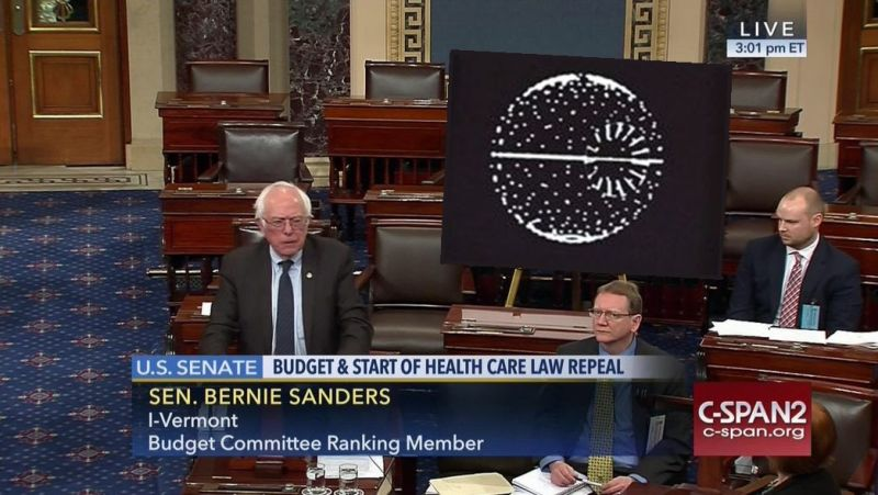 Illustration for article titled La nueva polĂtica: Bernie Sanders imprime un gigantesco tuit de Trump y se lo lleva al Senado